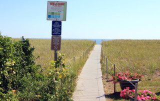 A wooden boardwalk leads through grassy dunes toward the ocean, with flower pots nearby.