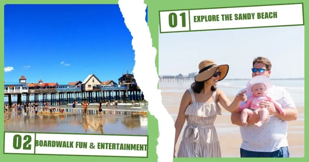Busy boardwalk and happy family on a sunny beach, showing fun and relaxed seaside moments. 