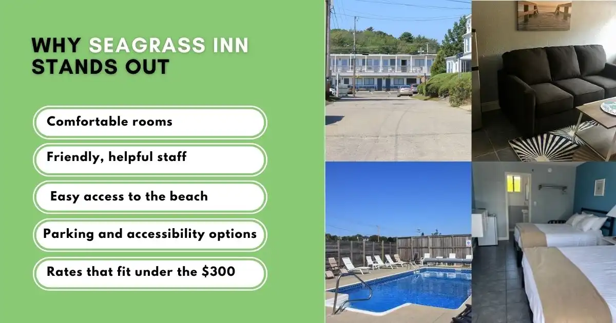 Seagrass Inn highlights rooms, pool, parking, and beach access.