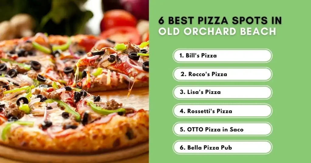Graphic listing six best pizza spots in Old Orchard Beach beside pizza photo.