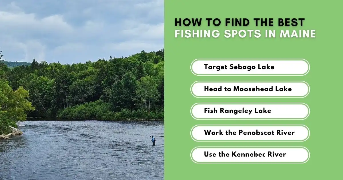 Maine river fishing scene with top fishing spots guide including lakes and rivers.
