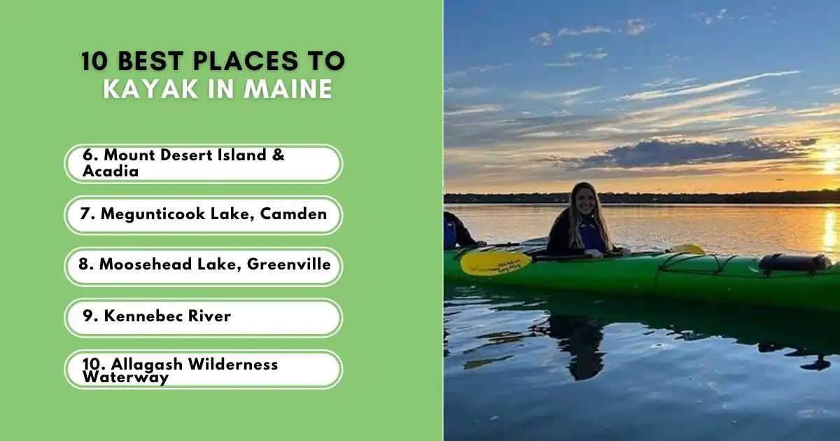 Kayaker on a Maine lake at sunset beside a list of top kayaking destinations.