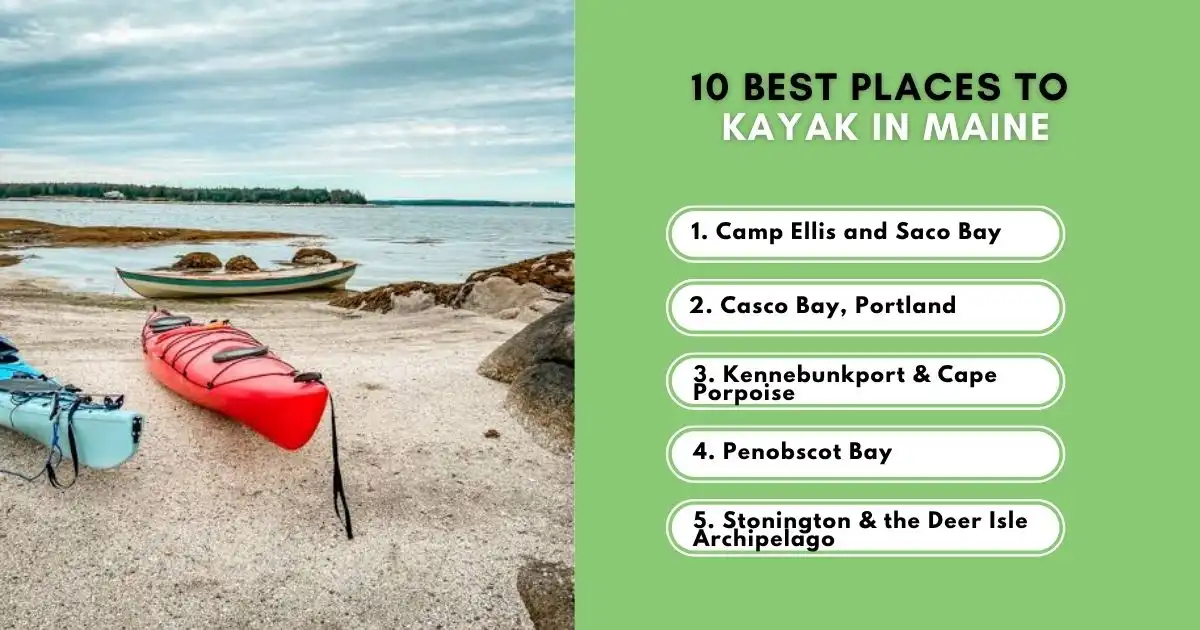 Kayaks on a Maine shoreline with a list of the top kayaking destinations in Maine.