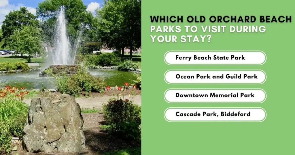 Old Orchard Beach park with fountain and landscaped gardens in full bloom.