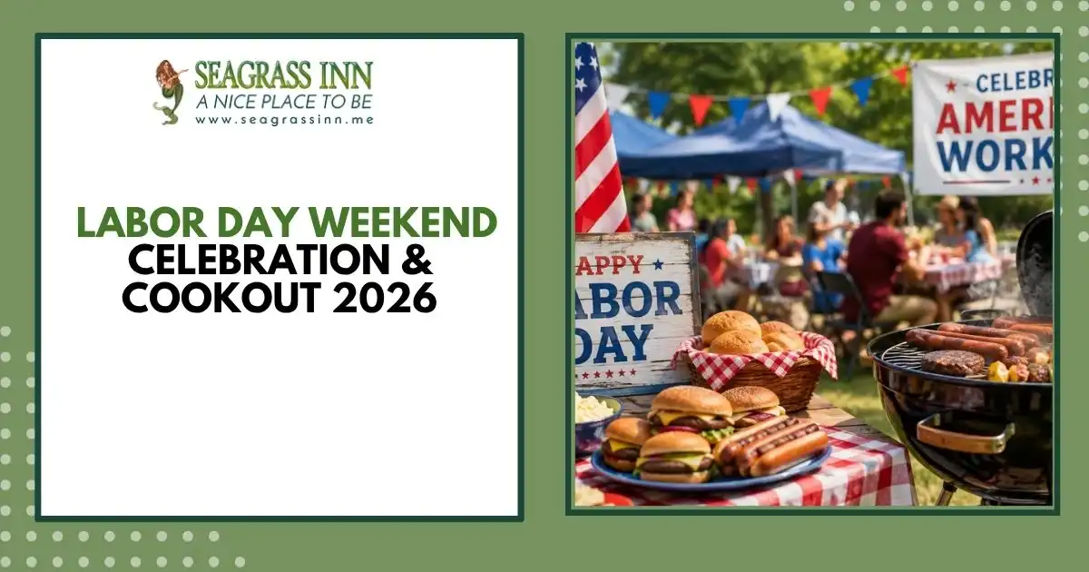 Labor Day Weekend Celebration & Cookout 2026 event poster with food and flags.
