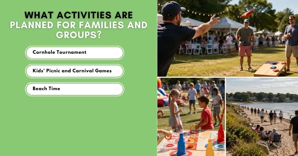 Labor Day activities poster featuring cornhole, kids’ games, beach time, and families.