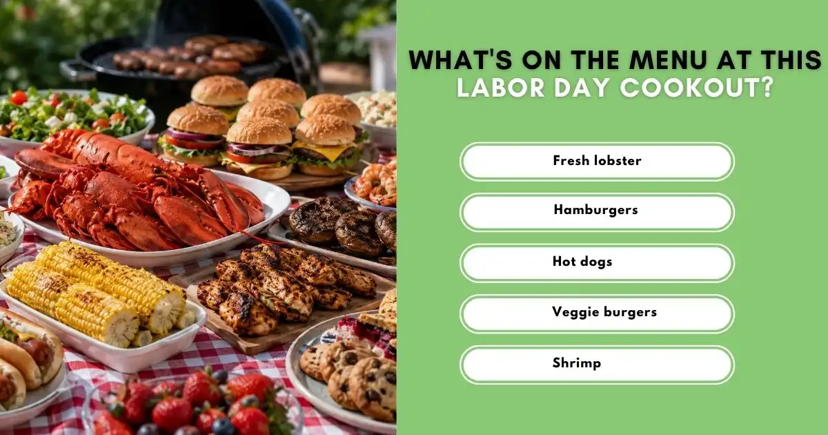 Labor Day cookout menu featuring lobster, burgers, hot dogs, shrimp, and corn.